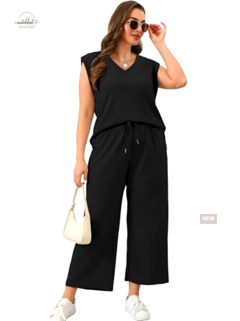 Two Piece Set V-Neck Top Wide Leg Pants Lightweight Stretch Business Casual - Picture 4 of 7